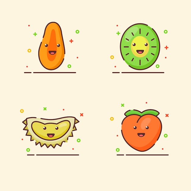 Fruit pictogrammen instellen collectie papaja kiwi durian perzik schattig mascotte gezicht emotie gelukkig fruit met kleur