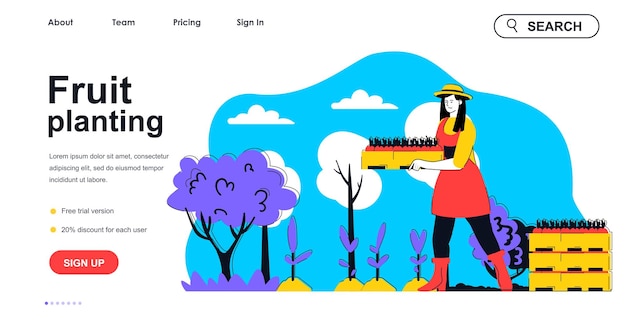 Fruit planting concept for landing page template woman farmer holding box of seedlings and planting fruit trees gardening people scene vector illustration with flat character design for web banner