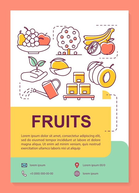 Layout del modello di poster per la produzione di frutta. coltivazione di prodotti biologici. banner, opuscolo, stampa di volantini con icone lineari. layout di pagina di brochure vettoriali per riviste, volantini pubblicitari