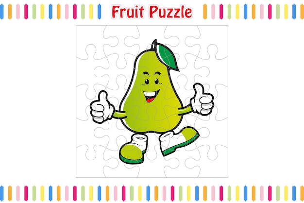 아이들을 위한 과일 퍼즐 게임, 퍼즐 조각 컬러 워크시트 활동 페이지, 격리된 벡터
