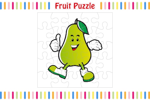 Fruit Puzzle Game for kids, jigsaw pieces color worksheet activity page, isolated vector