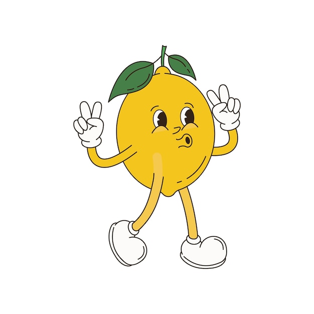 フルーツ・レトロ・ファンキー・アニメキャラクター 漫画のマスコット バナナ 笑顔の顔 手と足