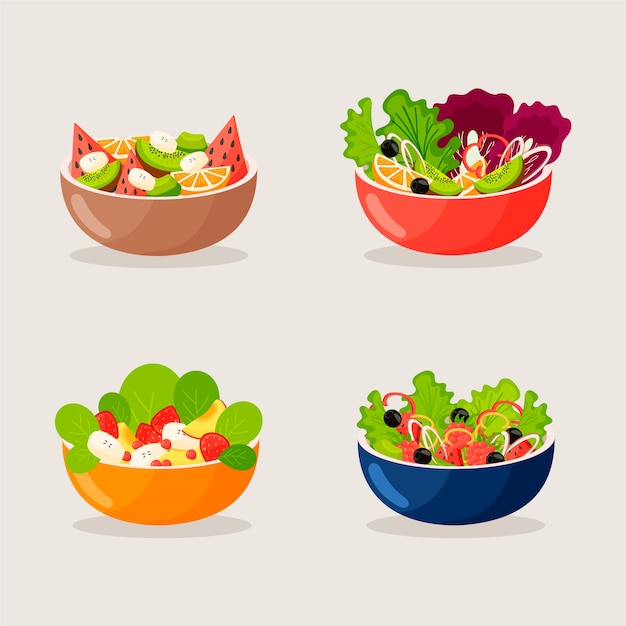 Vector fruit and salad bowls collection