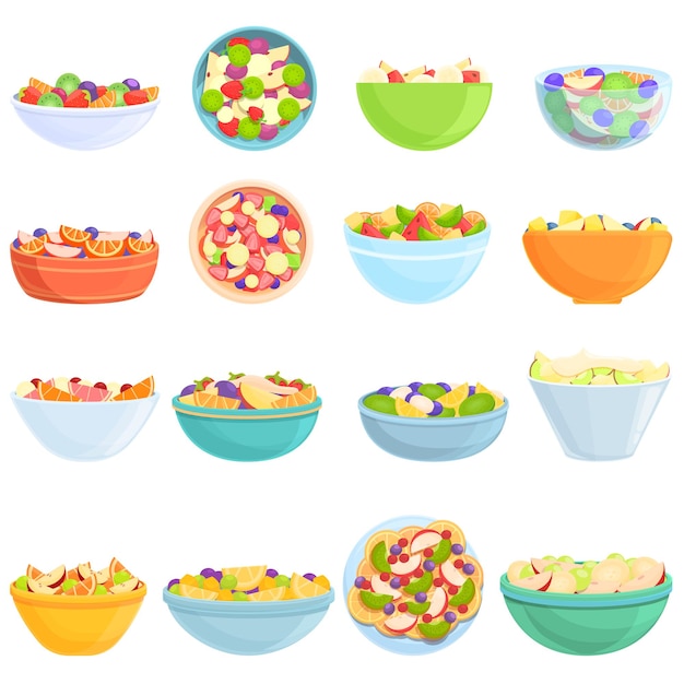 Fruit salad icons set. Cartoon set of fruit salad icons