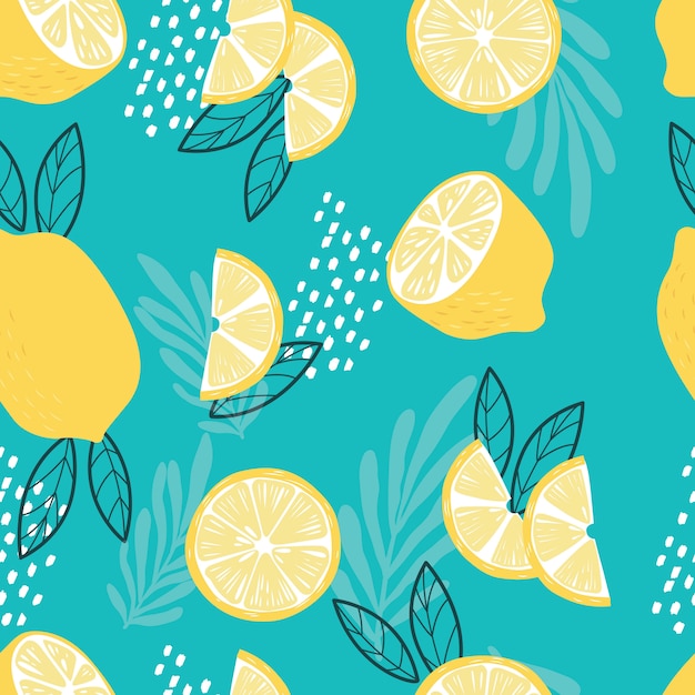 Fruit seamless pattern, lemons with tropical leaves and abstract elements on bright blue background. exotic tropical fruit.