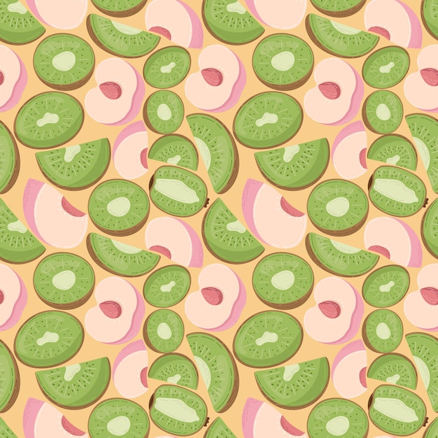 Vector fruit seamless pattern for textile products peach and kiwi pieces bone and leaves in a flat style