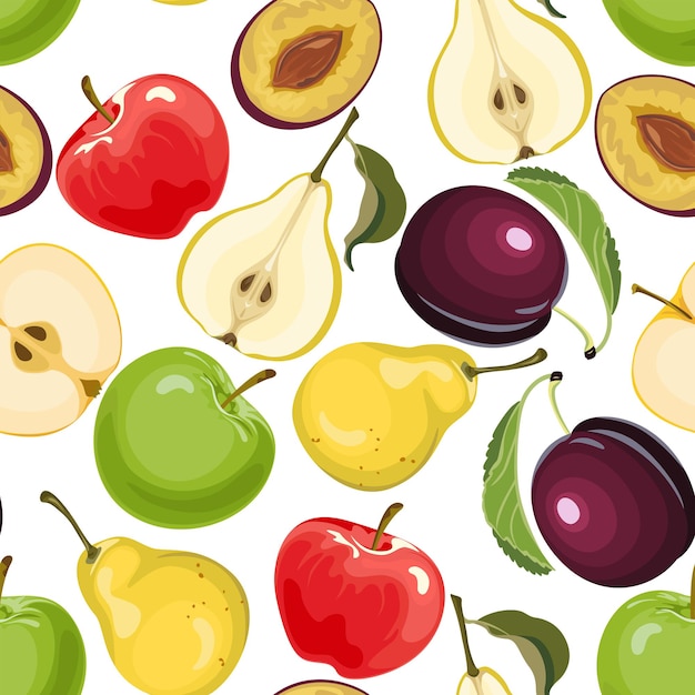 Fruit seamless pattern with apple, pear and plum.