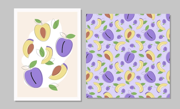 Vector fruit set in flat design seamless pattern and poster with plum and leaves for fabric cards