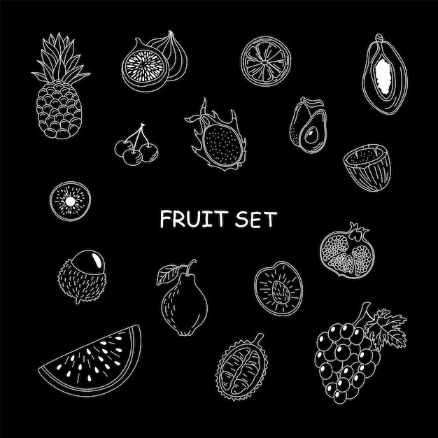 Set di frutta frutti tropicali disegnati a mano su sfondo bianco mangosteen papaya dragon fruit e altri