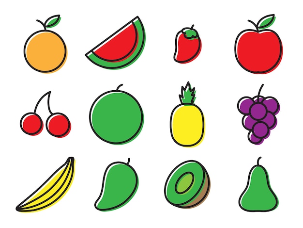 Fruit set illustration vector line art cartoon style collection