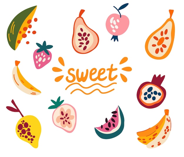 Fruit Set Pear papaya strawberry bananas pomegranate peach and watermelon Vector