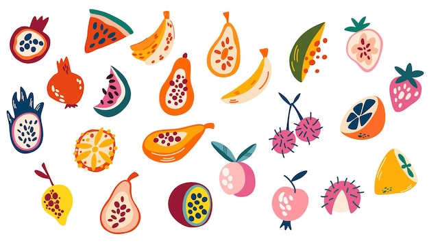 Set di frutta frutti tropicali melograno ciliegia pera mela kiwi pesca mango fico papaia cibo dolce e salutare illustrazione del disegno a mano del fumetto vettoriale