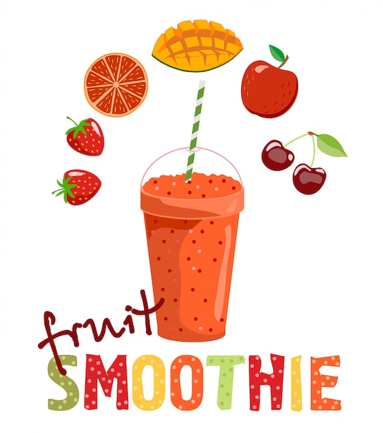 Fruit smoothie. detox cocktail. gezonde levensstijl. illustratie. kan worden gebruikt voor menu, café, restaurant, bar. smoothies en fruit waarvan het is gemaakt.