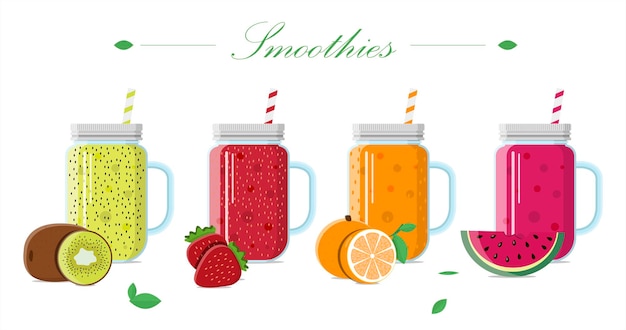 Vector fruit smoothie in a glass jar with a lid and a straw set of vector illustrations of drinks from fres...