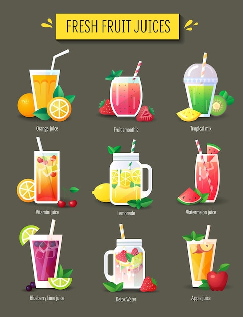 Fruit smoothie, vers sap set. Menu-elementen, vectorillustratie