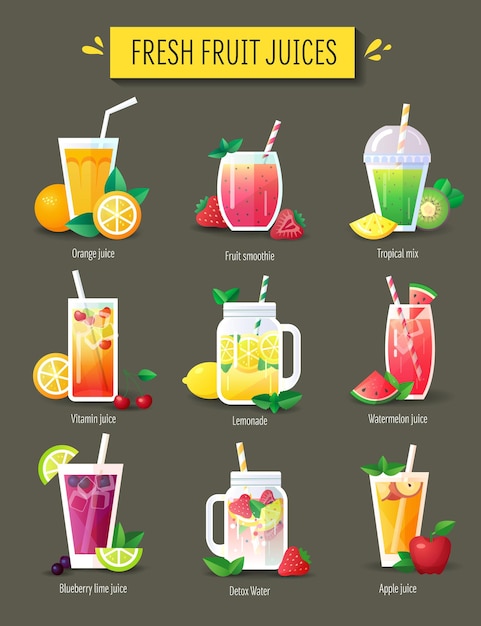 Vector fruit smoothie, vers sap set. menu-elementen, vectorillustratie