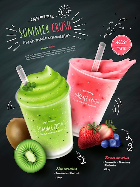 Vector fruit smoothies ads, kiwi and berries smoothie cup with fresh fruit isolated on chalk board background