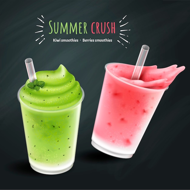 Fruit smoothies mockup, kiwi en bessen smoothie cup geïsoleerd op krijtbord achtergrond