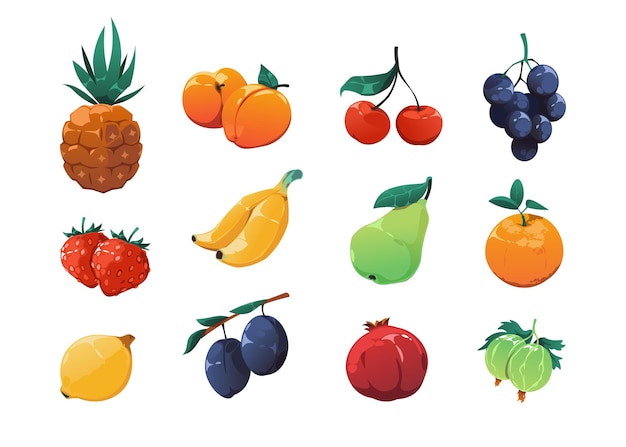 Vector fruit spel actief cartoon exotische biologische vruchten collectie 2d spel sprite afbeelding van appel abrikoos aardbei pruim peer banaan citroen druif vector set