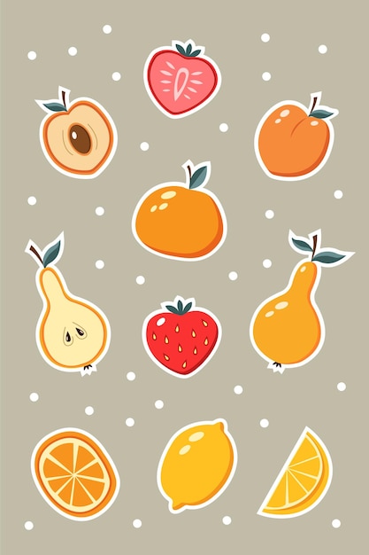 Fruit sticker icons with white contour isolated