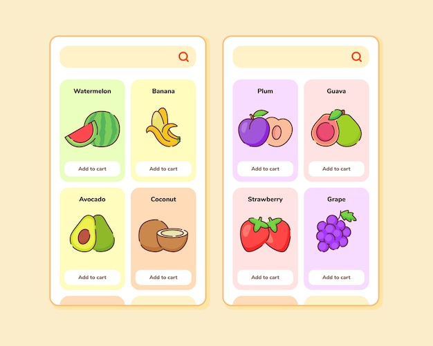 いくつかのフルーツリストを含むモバイルアプリテンプレート画面デザインのフルーツストアuiまたはuxデザイン