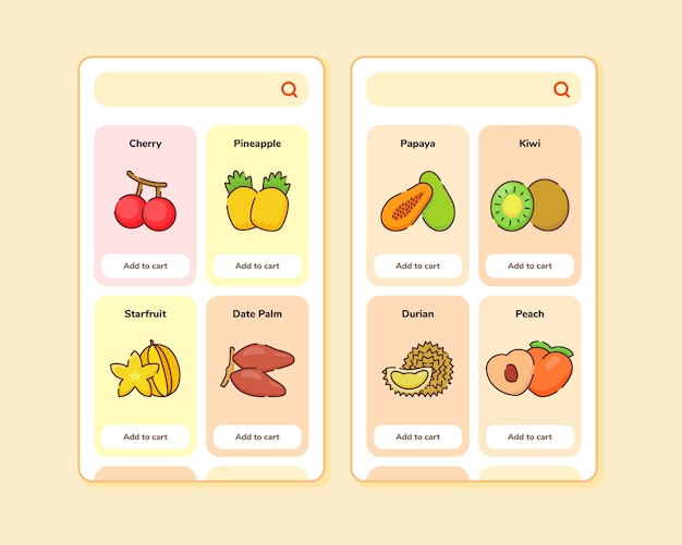벡터 일부 과일이 포함 된 모바일 앱 템플릿 화면 디자인을위한 과일 가게 ui 또는 ux 디자인