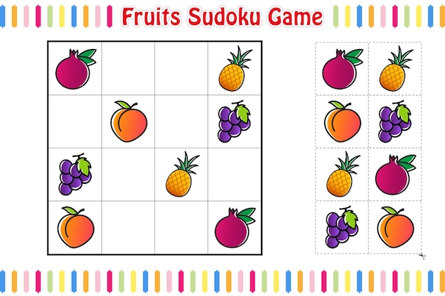 Fruit Sudoku Game, Educatief kinderen spel afdrukbaar werkblad, Vector geïsoleerde illustratie.