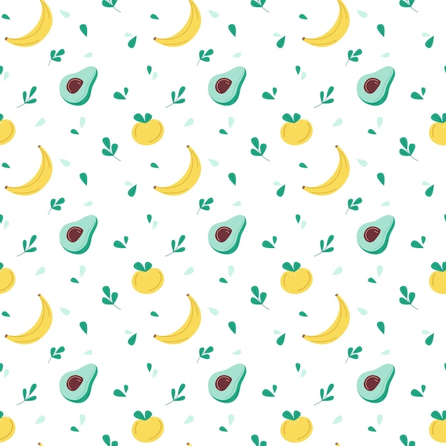 Vector fruit vector seamless pattern bananas and avocados minimalistic green leaves flat fruits