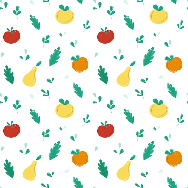 Vector fruit vector seamless pattern pears and apples green leaves flat fruits on a white background