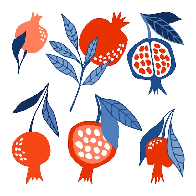 Fruit vector set with juicy and bright pomegranates