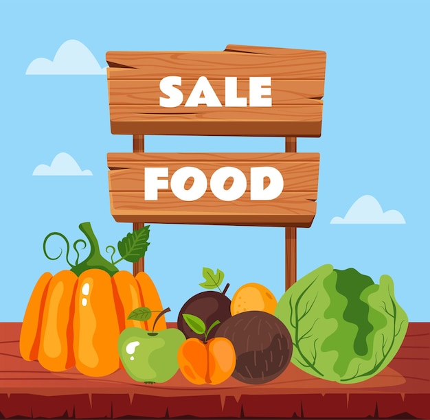 Vector fruit vegetable box market sale farmer shop banner concept flat graphic design illustration