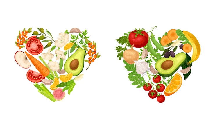Vector fruit and vegetable heart with bright ripe vitaminic crop vector set