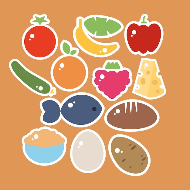 Fruit and vegetable stickers of healthy nutrition with bread oat porridge potato carbohydrates and egg fish and cheese proteins Outline vector illustration