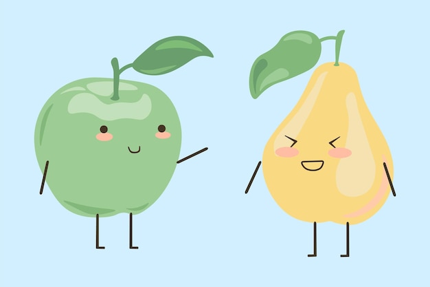 Frutta e verdura personaggi dei cartoni animati espressioni emotive facce sorridenti divertenti mela matura felice ridere succosa estate pera con foglia set di adesivi mascotte cibo prodotto sano