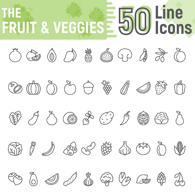 Fruit and vegetables line icon set, vegetarian collection