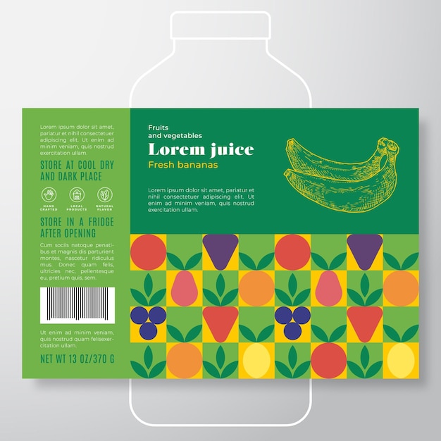 Vector fruit and vegetables pattern juice label template abstract vector packaging design layout modern typography banner with hand drawn bananas silhouette background