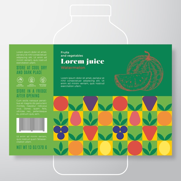 Vettore modello di frutta e verdura modello di etichetta di succo vettore astratto packaging design layout tipografia moderna banner con anguria disegnata a mano con uno sfondo di sagoma di fetta