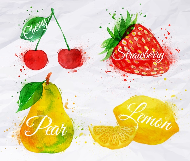 Vector fruit watercolor cherry, lemon, strawberry, pear