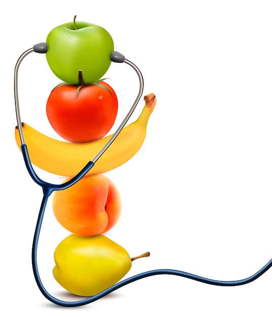 Fruit with a stethoscope. Healthy eating concept. 