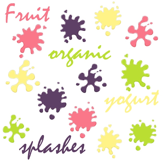 Vector fruit yogurt splashes organic milk products labels different colors and forms vector