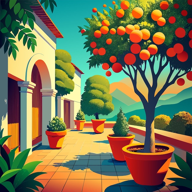 Vector fruitboom in een potvectorillustratie