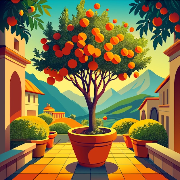 Vector fruitboom in een potvectorillustratie