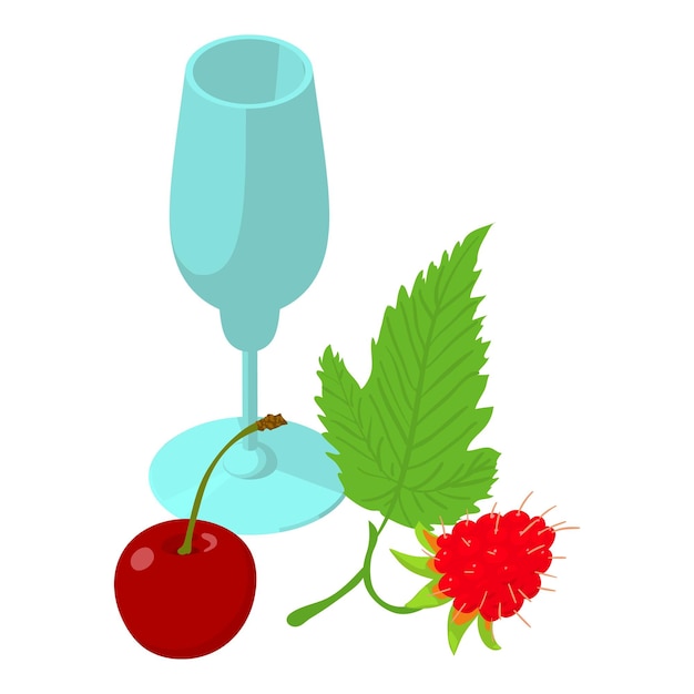 Vector fruitdrank icoon isometrische vector stamglas rode rijpe kersen en frambozen ingrediënt voor verfrissende zomerdrank vitamine drank