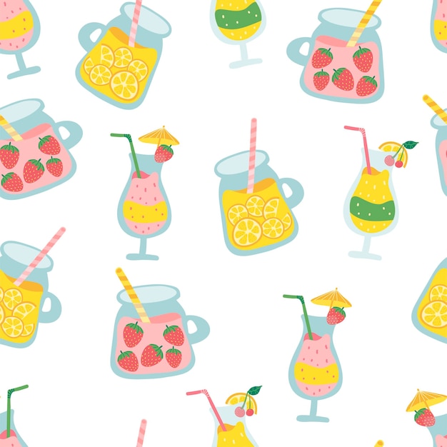 Fruits alcohol cocktails seamless pattern juice cocktail beverages in different glasses pattern vector seamless pattern design for textile fashion paper packaging wrapping and branding