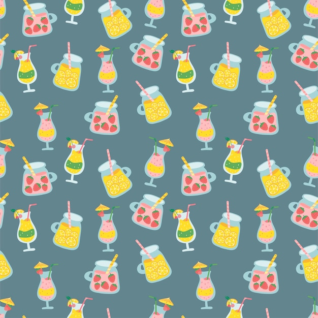 Vector fruits alcohol cocktails seamless pattern juice cocktail beverages in different glasses pattern vector seamless pattern design for textile fashion paper packaging wrapping and branding