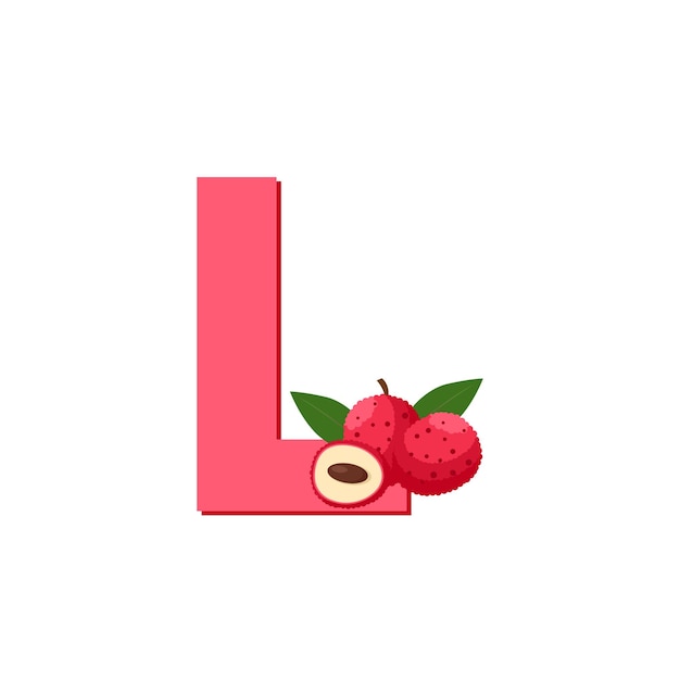 Fruits Alphabet Letter L for Lychee Education for Kids Flat Vector Illustration