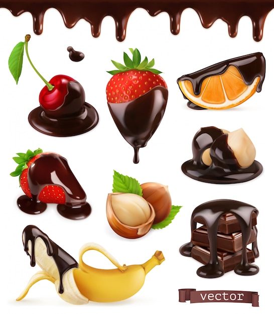 Вектор Фрукты и ягоды в шоколаде. вишня, клубника, банан, апельсин и фундук. 3d реалистичный векторный набор