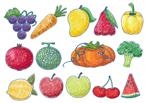 Фрукты и овощи в карандашном цветном наброске в простом стиле