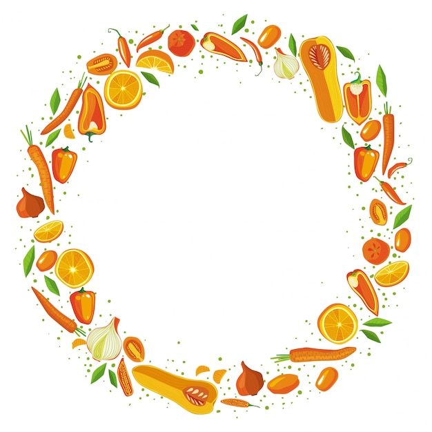ベクトル 果物と野菜のサークルフレーム。健康食品のコンセプトです。