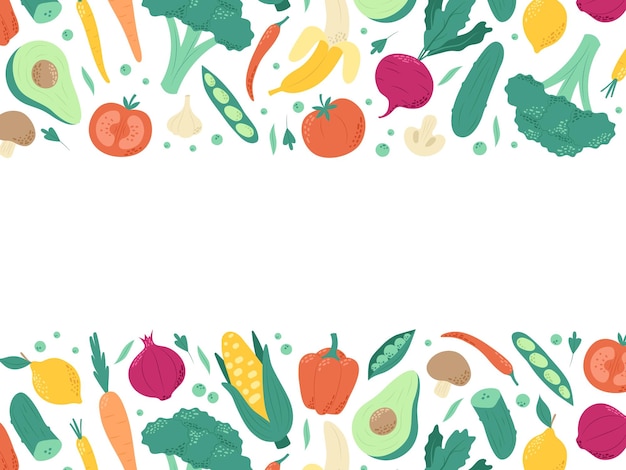 ベクトル 健康的なベジタリアンまたはビーガン食品の果物と野菜セットコピー スペースを持つ手描きのベクトル図